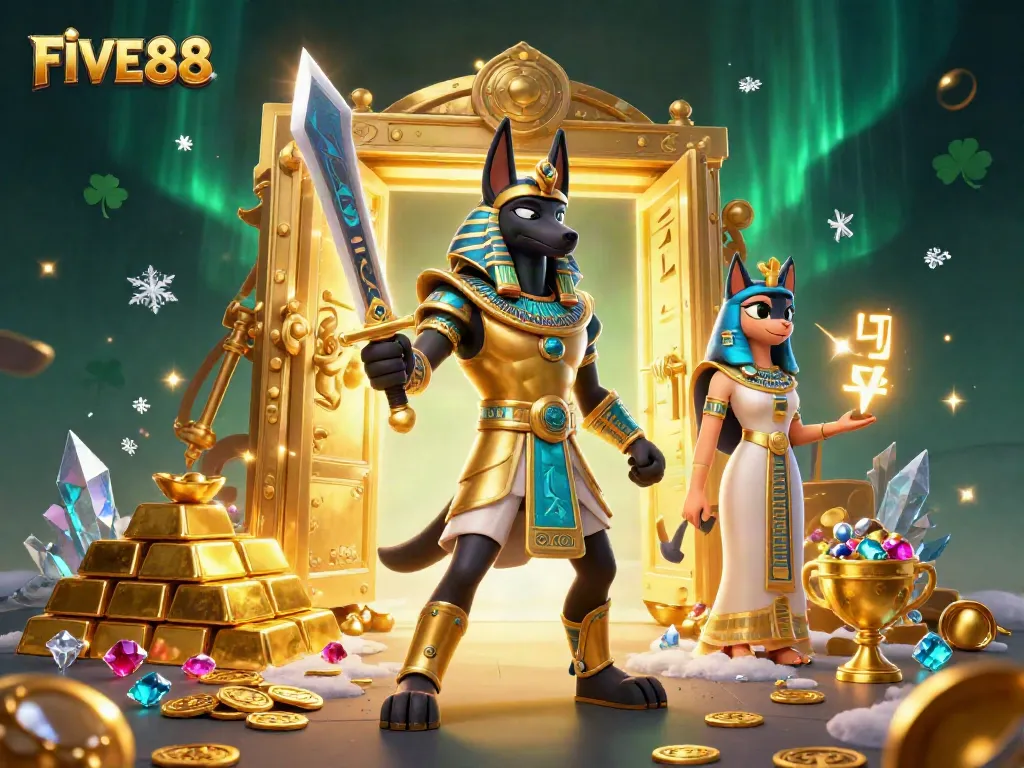 Join the excitement at FIVE88 with a vibrant 3D illustration showcasing ancient Egyptian warriors amidst treasure!