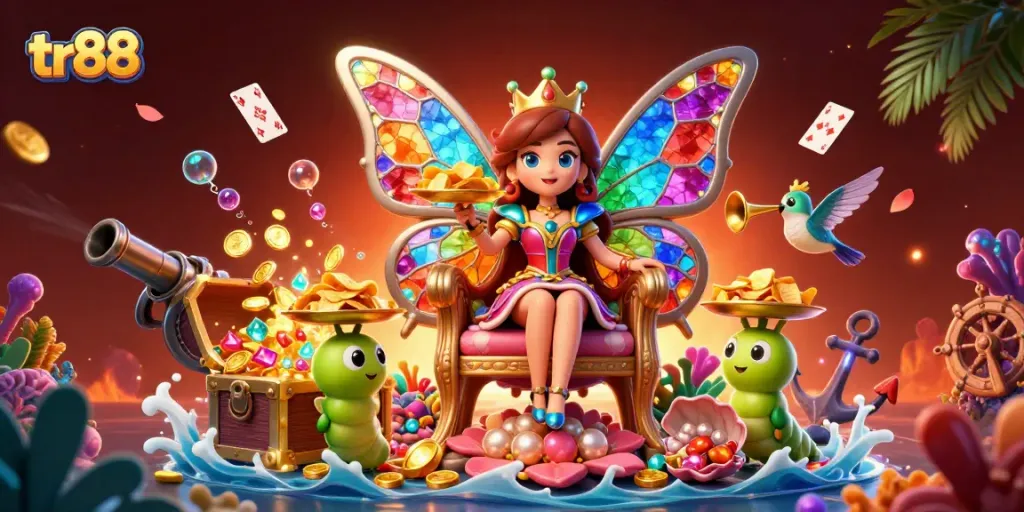 Engage with tr88's vibrant 3D illustration showcasing a magical casino theme with a butterfly queen and dynamic elements.