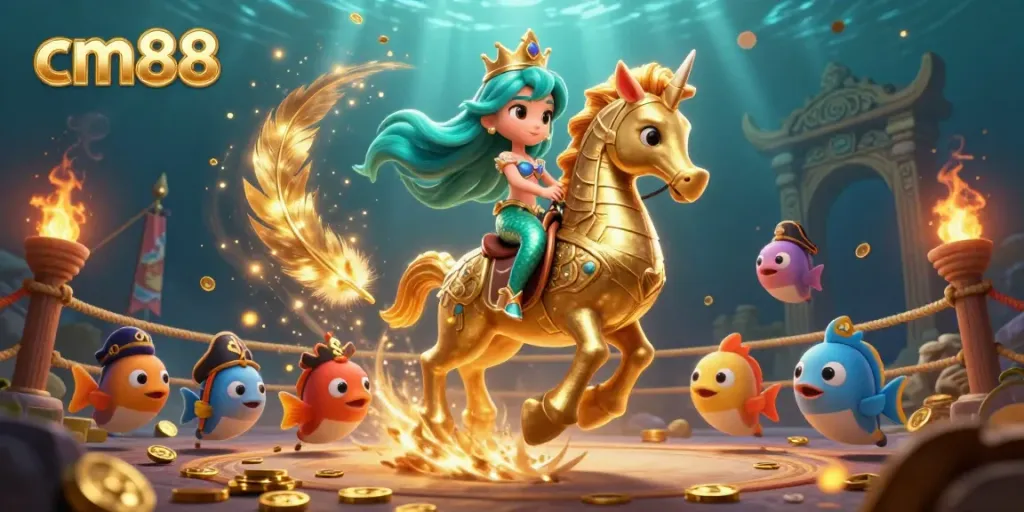 Experience an exciting cm88 adventure with a lively sea-themed casino scene and colorful mermaid characters.