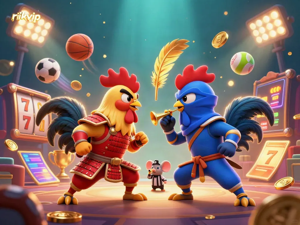 Engage in thrilling action with rikvip's cartoon roosters in a dynamic casino fight scene.