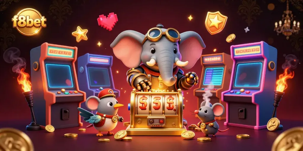 Experience thrilling gameplay at f8bet with a steampunk elephant and vibrant arcade elements.