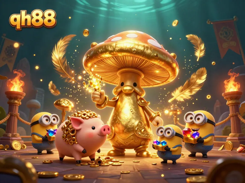 Experience excitement at qh88 with a magical 3D illustration of a golden mushroom wizard and treasure-seeking characters.