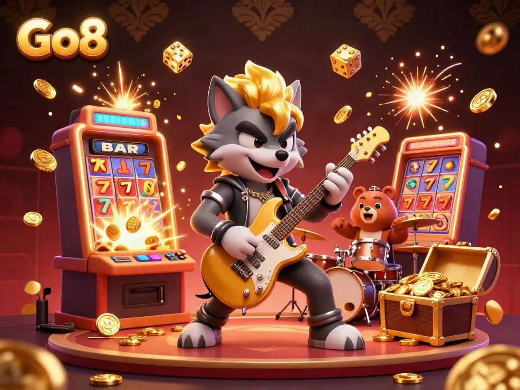Experience the excitement of Go8 casino with a rock star wolf and drummer bear on stage amidst slot machine jackpots.