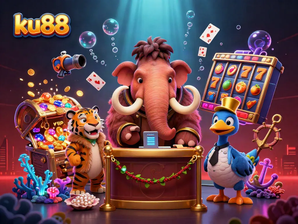 Join the lively scene at ku88 casino where a mammoth checks IDs as a saber-tooth VIP enters, surrounded by vibrant gaming elements.