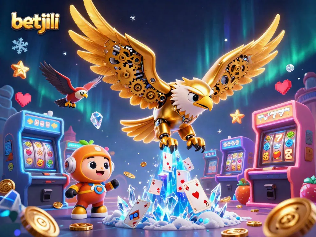 Experience the thrill of betjili with a dynamic scene of a golden eagle diving through playing cards amidst arcade game elements.