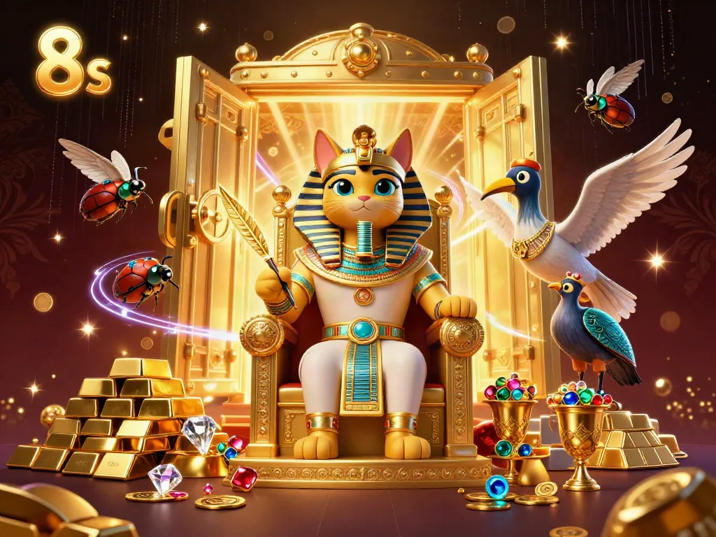 Unleash your luck with 8s as a pharaoh cat reigns over a treasure-filled casino.