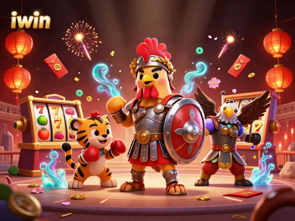 iwin showcases thrilling casino vibes with a gladiator rooster and unique game elements in a vibrant scene.
