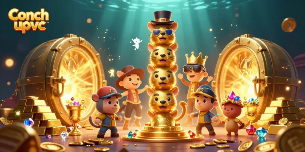 Engage with Conch upvc through a bustling, vibrant 3D casino scene filled with treasure and animated characters.