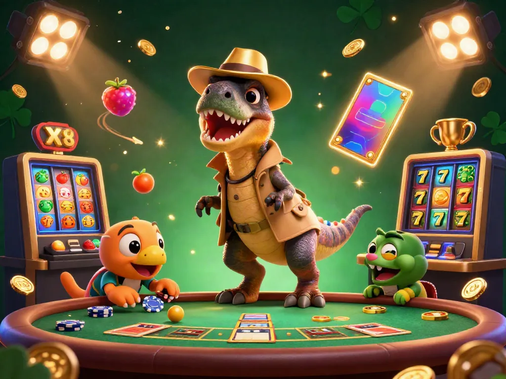 XX8 velociraptor card counter and companions engaging dynamically at a vibrant slot machine table.