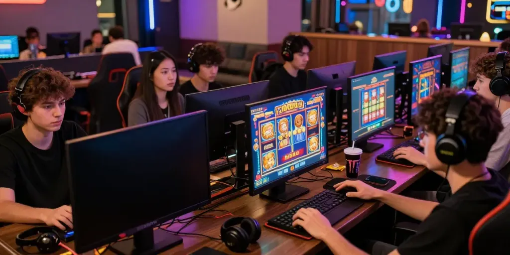 Group of friends enjoying slot88 games in a vibrant gaming lounge.