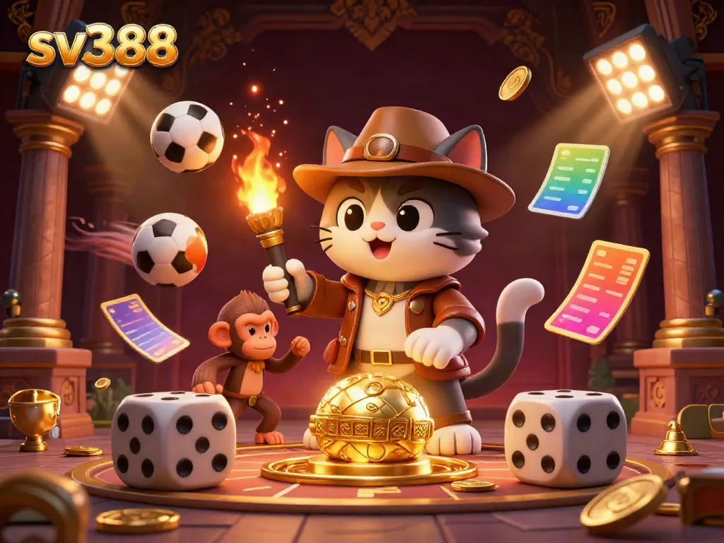 Experience thrilling bets with sv388 in a captivating 3D scene featuring an explorer cat uncovering casino treasures amidst sports elements.