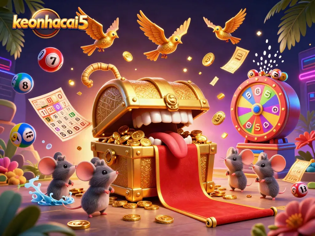 Engage with keonhacai5 through a vibrant 3D illustration featuring adventurous mice and animated lottery elements.