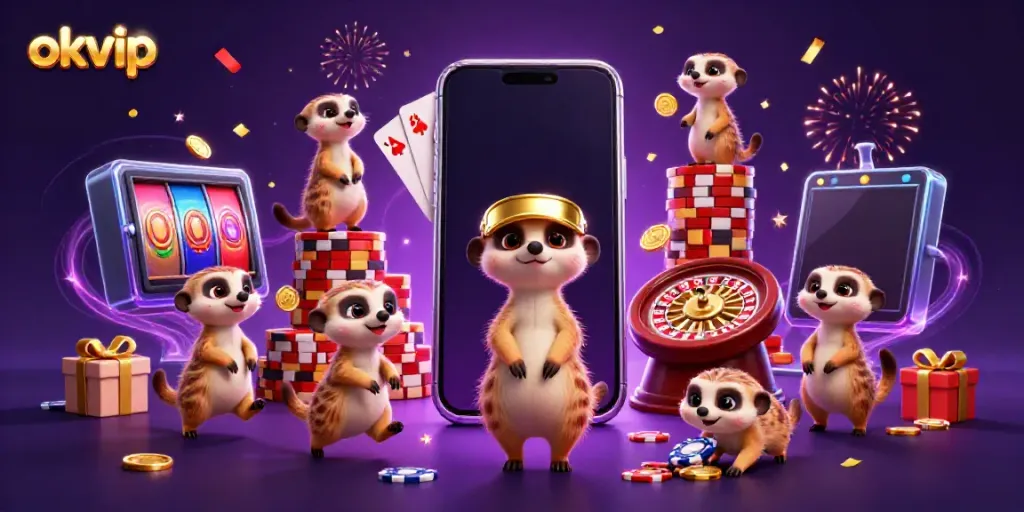 Experience the excitement of okvip with colorful casino elements and animated meerkats in action.