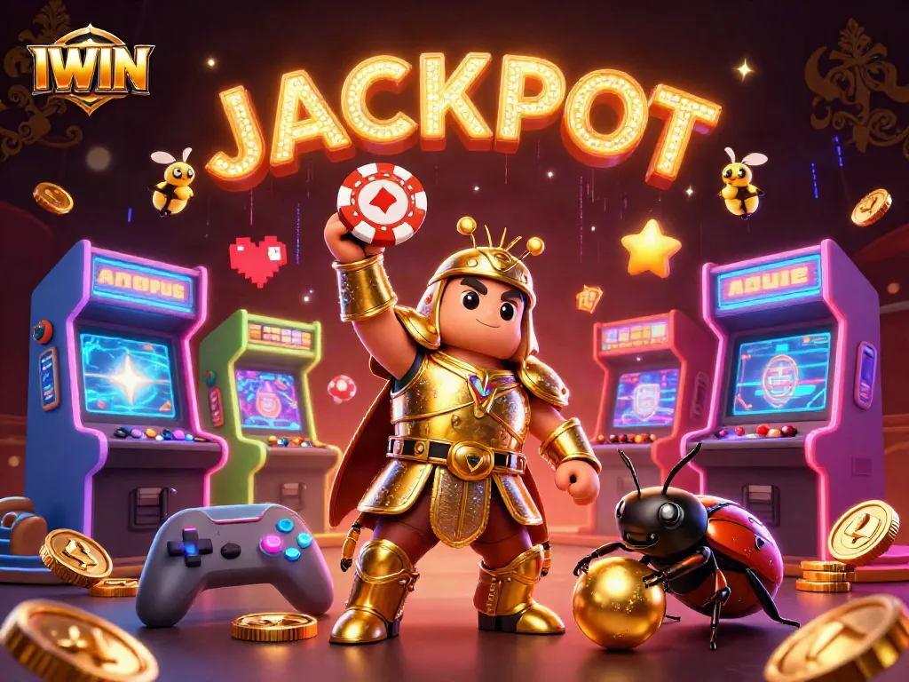 Spin the reels with IWIN’s vibrant 3D casino scene featuring a victorious beetle character.