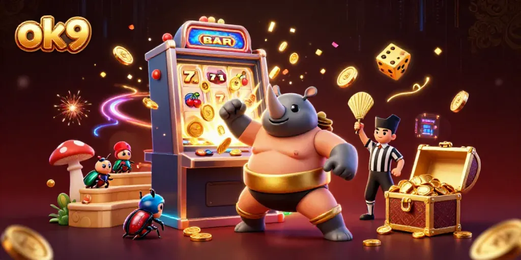 Experience the excitement of ok9 with a dynamic 3D casino illustration featuring a rhinoceros beetle and vibrant game elements.