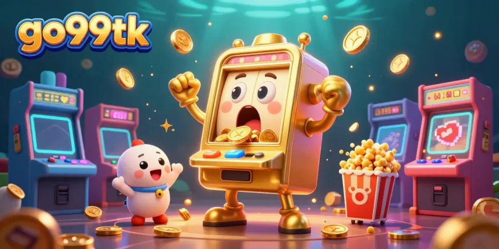 Experience excitement with the golden slot machine hitting a jackpot at go99tk, surrounded by cheering characters.