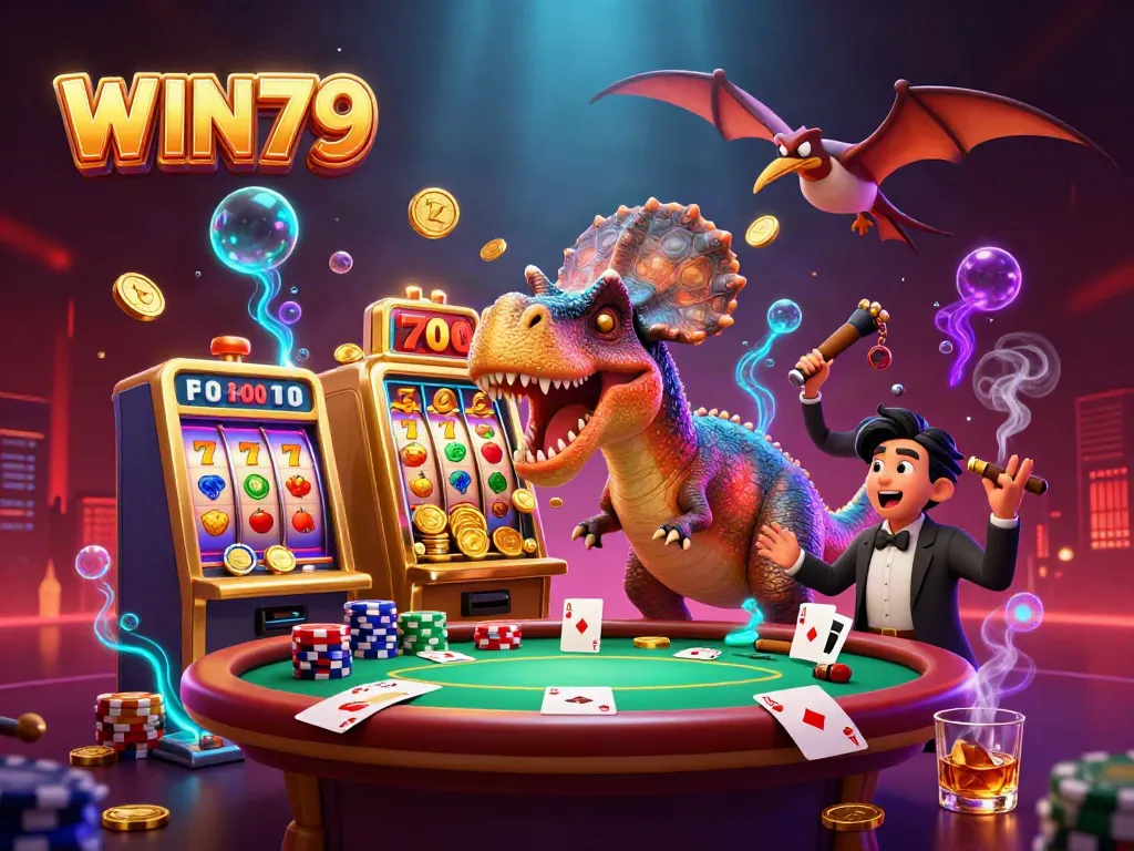 WIN79 scene showing a pachycephalosaurus winning coins at a slot machine amidst vibrant casino elements.