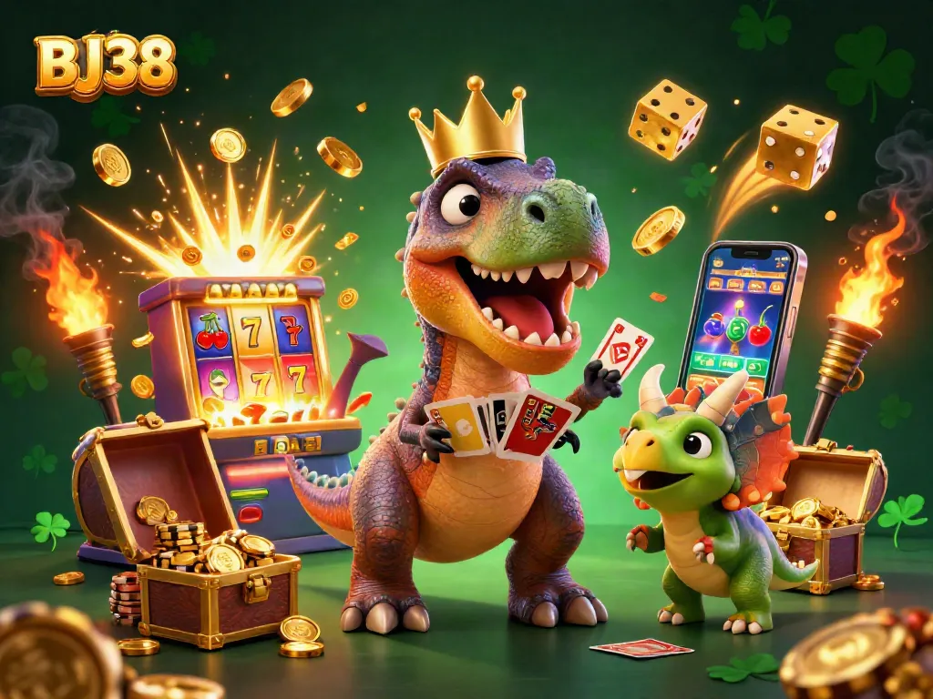 Experience thrilling gambling action with BJ38, a vibrant 3D cartoon illustration showing a T-Rex shuffling cards.