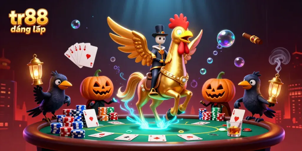 Experience tr88 đăng nhập with our golden rooster and friends in a lively casino scene.