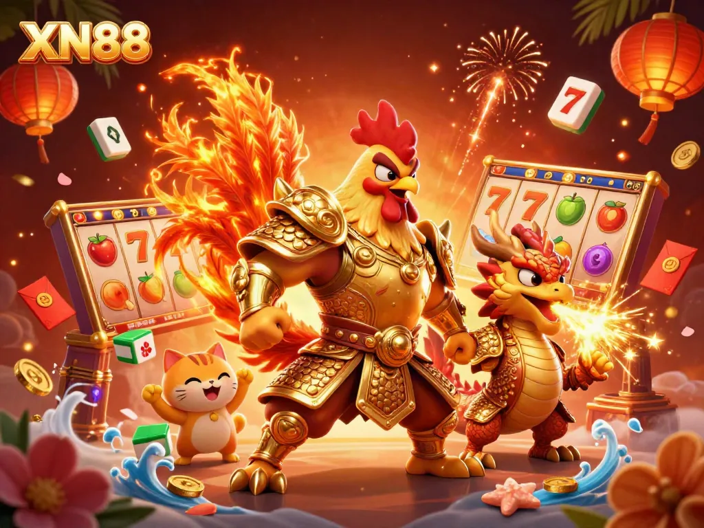 Engage in thrilling gameplay with the XN88 casino slots featuring a powerful rooster warrior in action.