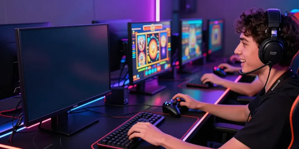 Engaging gaming environment showcasing enthusiastic player at a situs gacor slot station.
