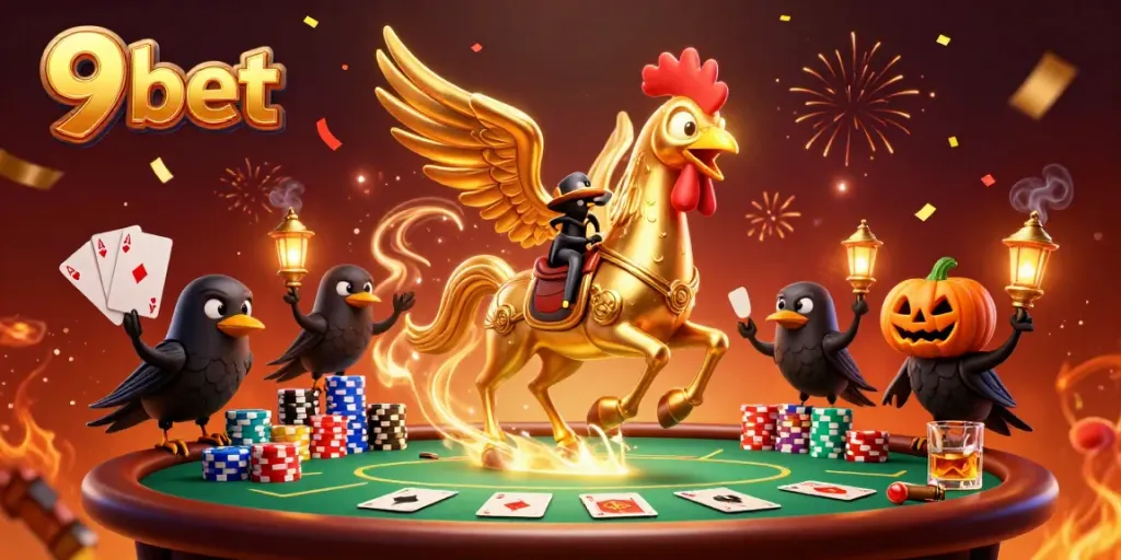 Experience the thrill of 9 bet with vibrant casino action and a unique golden rooster character in a festive setting.