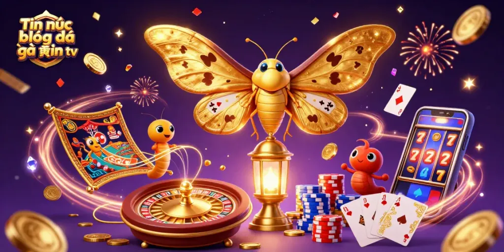 Tin tức bóng đá gà vàng tv showcasing lively casino scenes with golden coins and vibrant gaming elements.