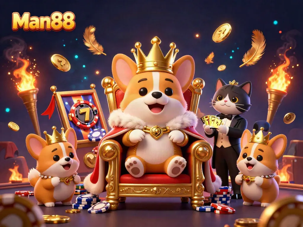 Experience the excitement at Man88 with rich casino elements, including a royal corgi on a throne of poker chips.