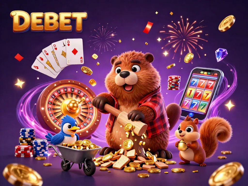 Engage with DEBET as a beaver drives golden coins in a vibrant casino adventure.