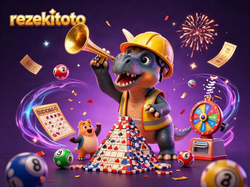Engaging scene of rezekitoto with cartoon dinosaurs celebrating a casino-themed event.