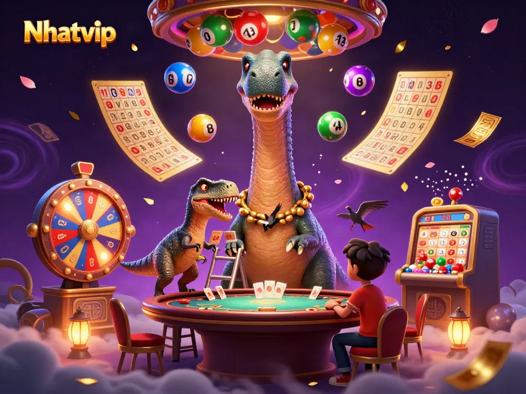 Nhatvip showcases a vibrant casino scene with a giant brontosaurus and clever raptor engaged in gaming.