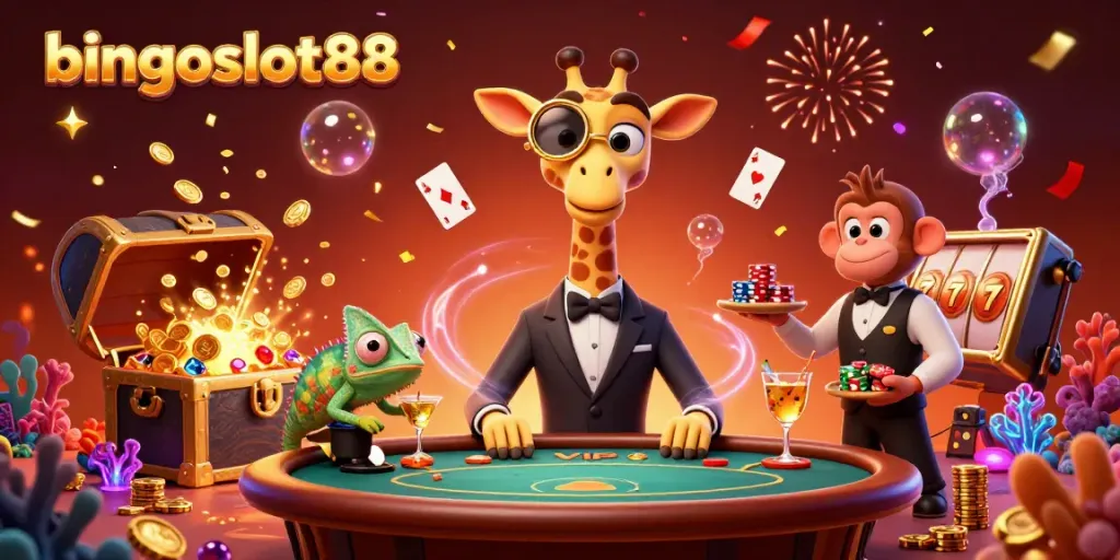 BINGOSLOT88 menghadirkan ilustrasi kasino 3D dengan karakter unik dan elemen permainan menarik.