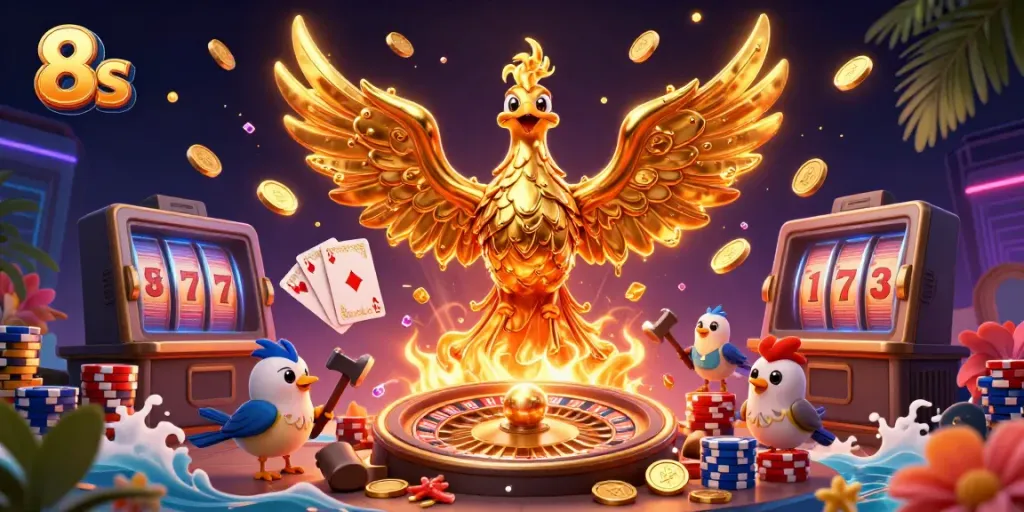 Experience the thrill of 8s with a golden phoenix emerging from a forge amidst a vibrant casino scene.