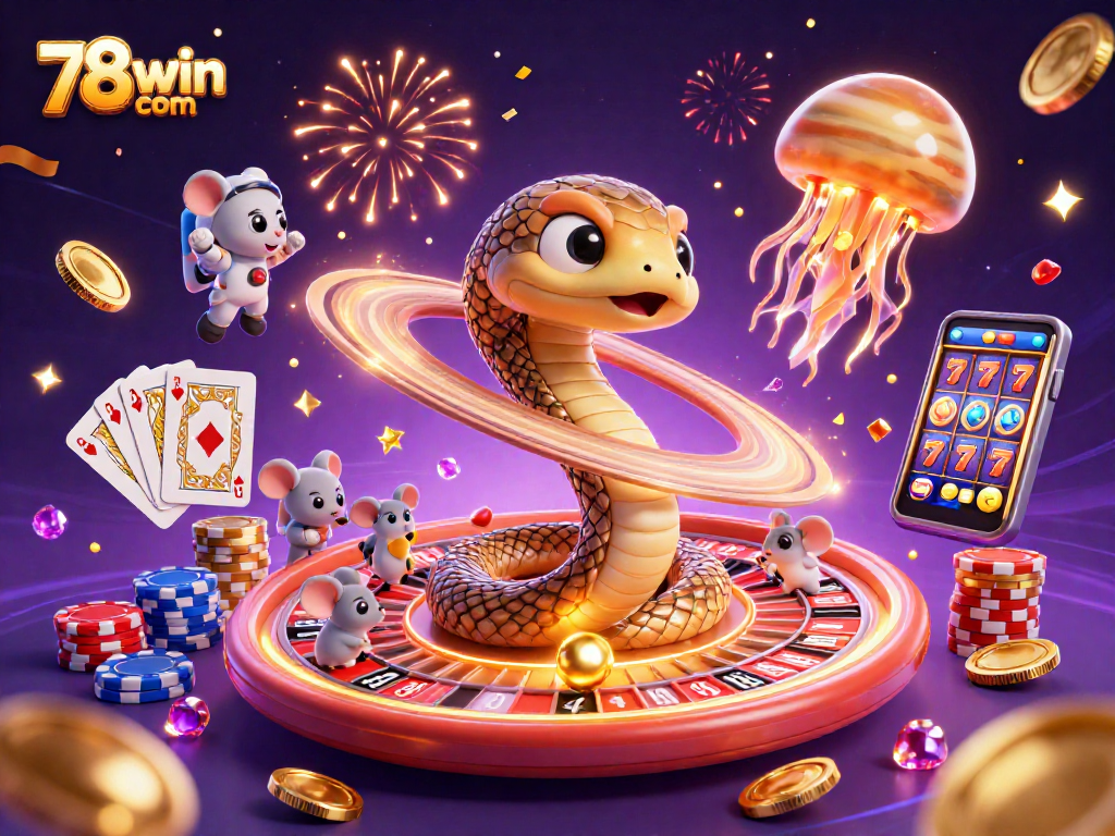 Experience the thrill of betting at 78win com with a cosmic gaming scene featuring a Saturn ring roulette and astronaut mice betting.