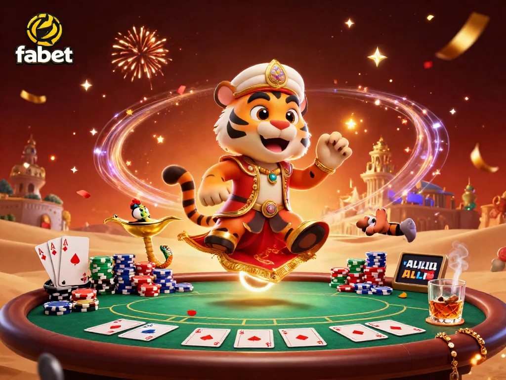 Experience the thrill of fabet with a vibrant 3D illustration of gambling elements and characters.