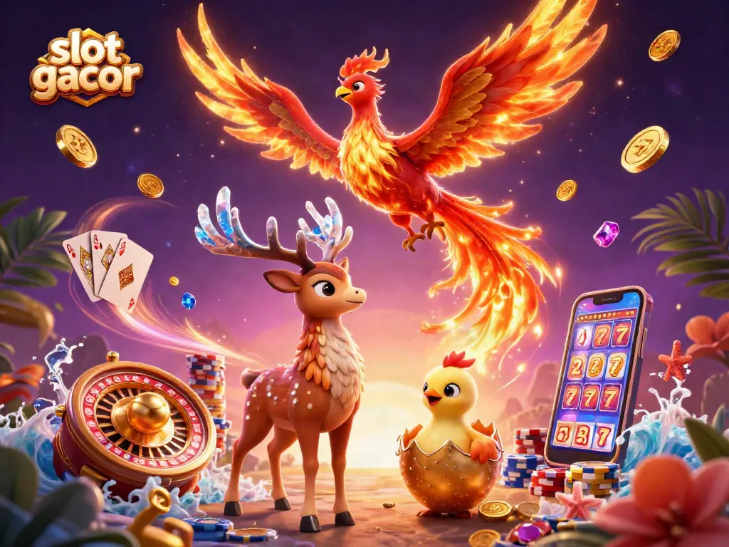 Engage with slot gacor as the fire phoenix flies amidst golden coins and sparkling gems, declaring victory.