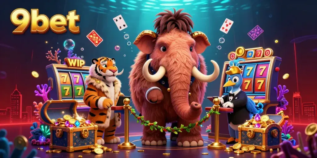 Join the fun at 9bet, where vibrant slot reels and bouncers welcome you to an unforgettable casino experience.