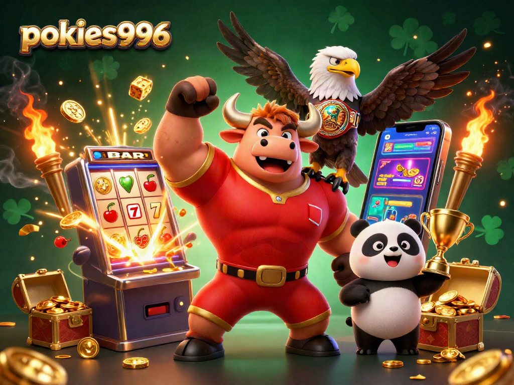 Experience the excitement at pokies996 with a vibrant casino scene featuring a bull mascot celebrating a jackpot.