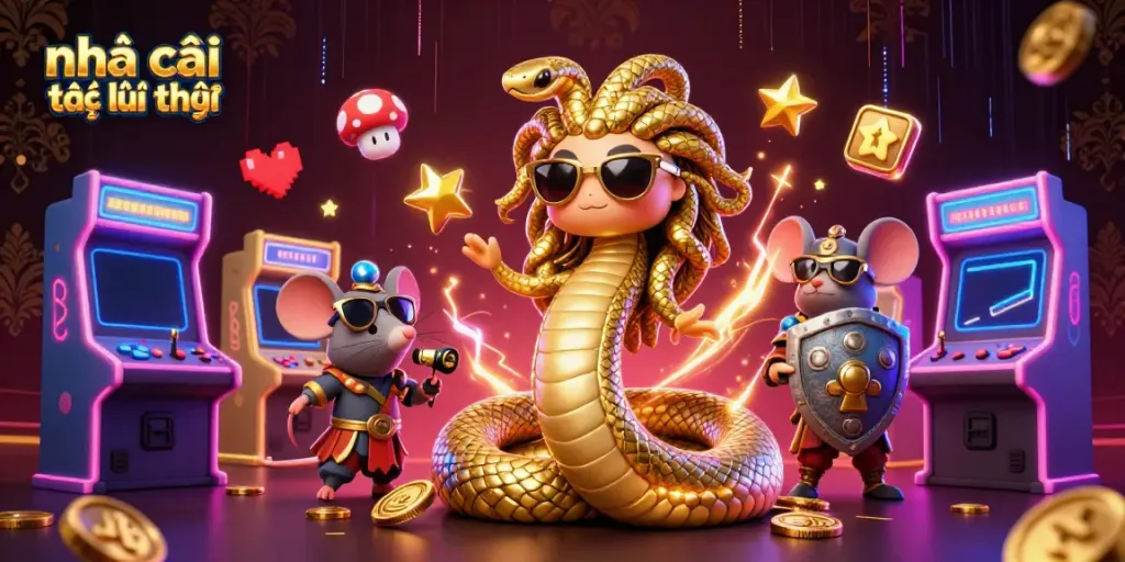Engage with the action at nhà cái trực tuyến uy tín, featuring a lively Medusa and a mouse knight in a casino-themed gaming illustration.