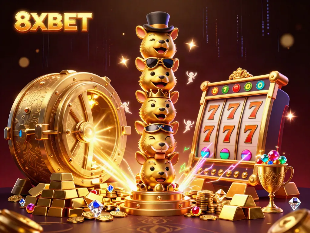 Experience thrilling wins with vibrant 8XBET casino elements, including gold treasures and animated totem poles.