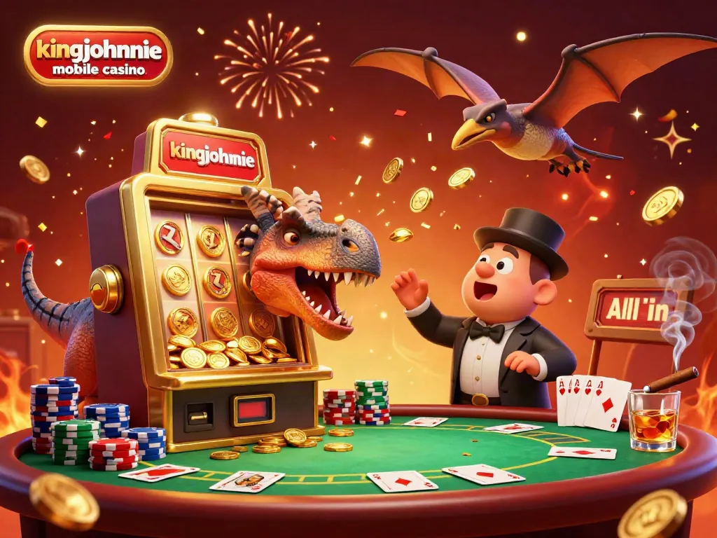 Headbutting golden slot machine for jackpots at kingjohnnie mobile casino with animated dinosaurs.