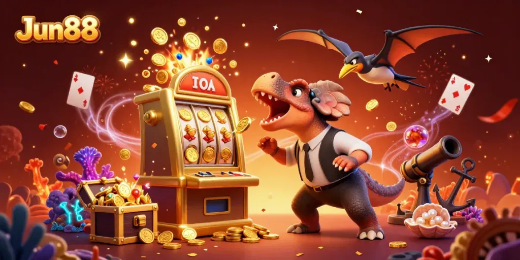 Experience the thrill of Jun88 as a pachycephalosaurus wins big at the slot machine amidst a vibrant casino scene.