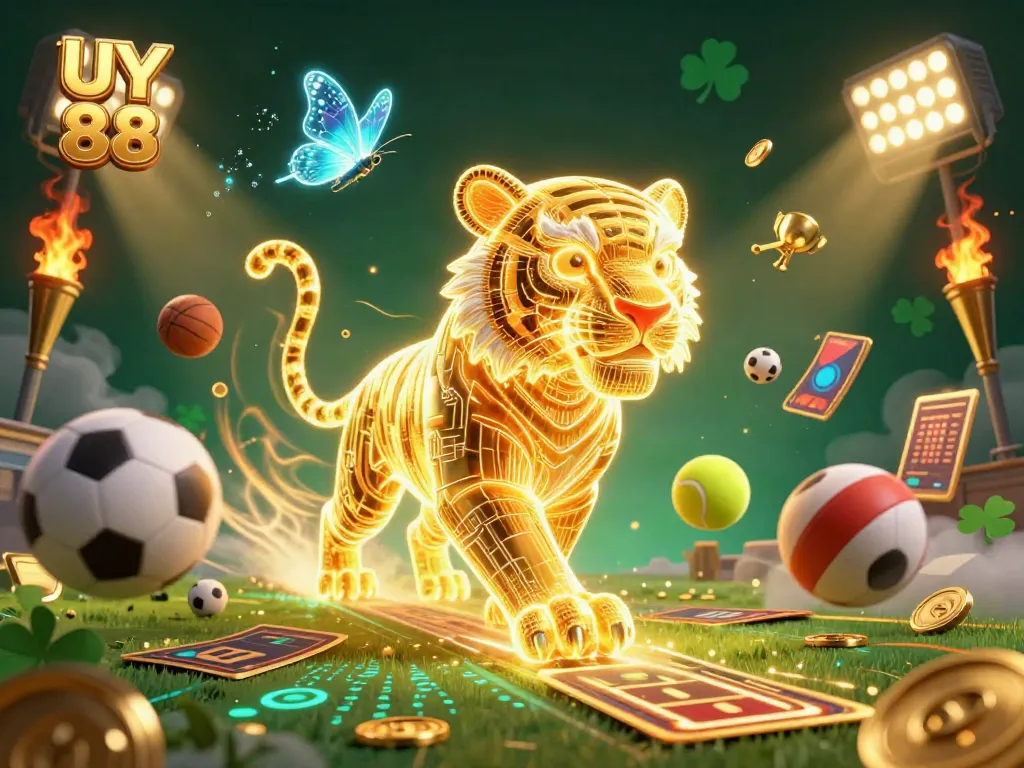 Experience UY 88 gaming with a neon tiger and dynamic sports elements in a vibrant casino.