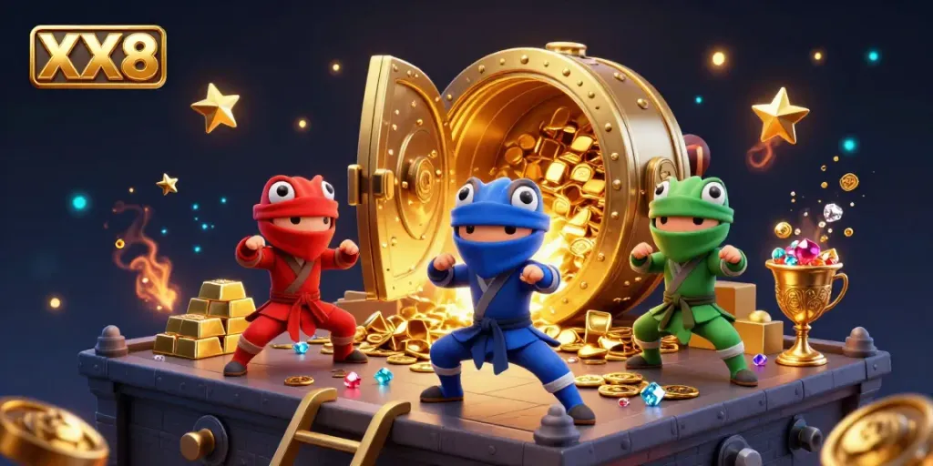 Engage with exhilarating XX8 gameplay featuring ninja chameleons amidst a shower of treasure.