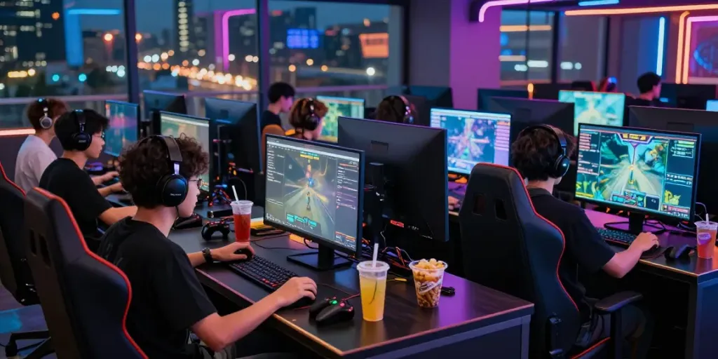 Gamers enjoying multiplayer experiences at KILAT404 in a vibrant cyber café.