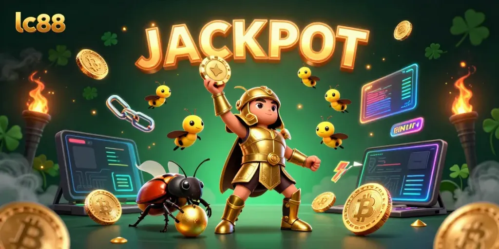 Engage with lc88's electrifying jackpot scene featuring vibrant gambling-themed characters and elements.