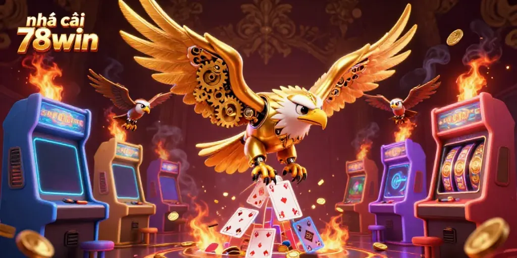 Engage with the vibrant casino adventure by nhà cái 78win, featuring a mechanical golden eagle diving through holographic cards.