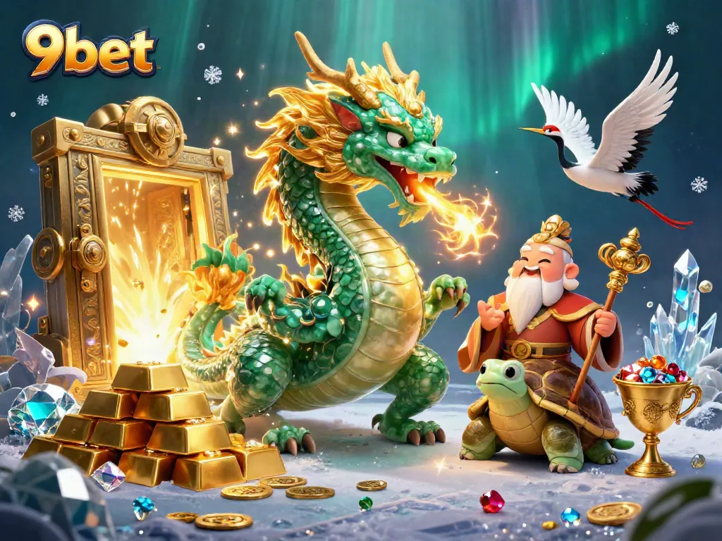 Bet on 9bet with a vibrant 3D illustration featuring a jade dragon and lucky cranes.
