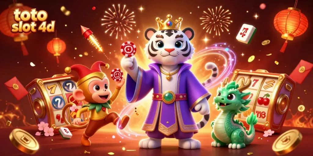 Toto slot 4d menampilkan singa putih berkuasa dengan simbol jackpot dan koin keberuntungan.