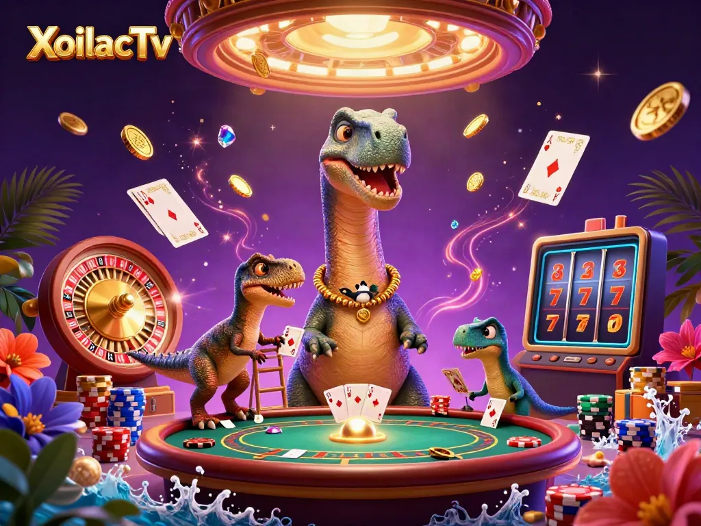 XoilacTv showcases a fun casino scene with a dinosaur and raptor dealing cards amidst golden coins.